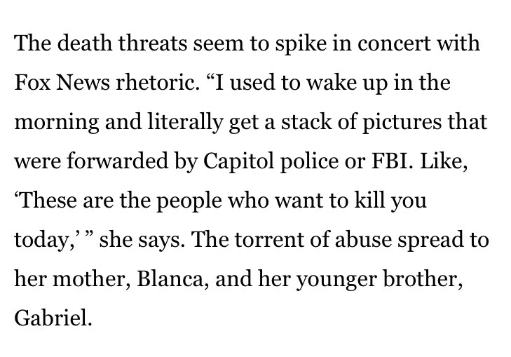 adamkatherine's tweet photo. This recent Vanity Fair profile where AOC discusses the death threats she and other women of color in Congress regularly receive from white supremacist men I think is important context for white people as we reflect on the dangers of today’s events. https://t.co/mo2kdtspTy https://t.co/FGtFzExEiu