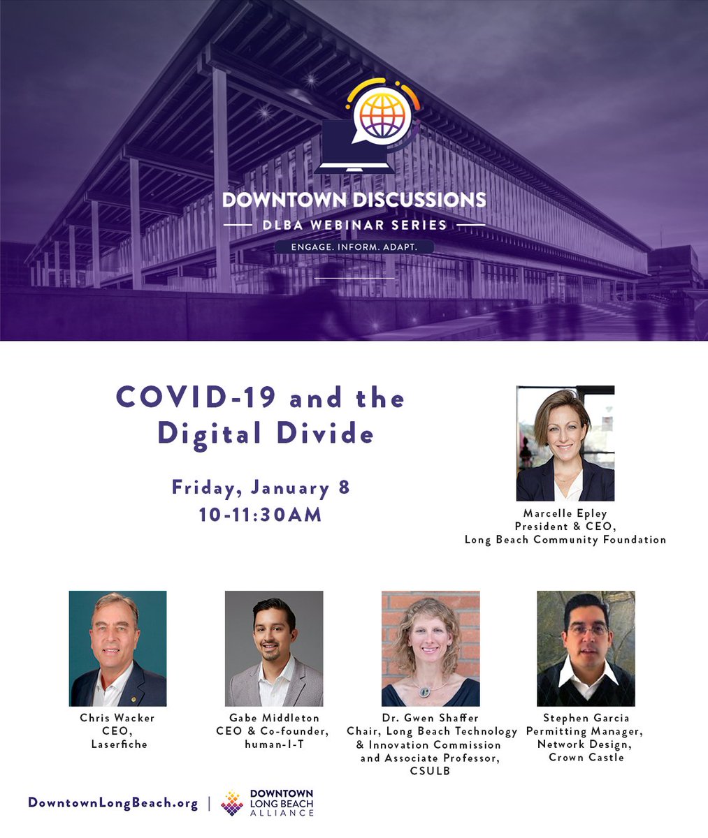 Tune-in this Friday at 10AM for "Downtown Discussions: COVID-19 and the Digital Divide" to discover how the pandemic has revealed the extent of technological disparities, including internet access, in our communities.

RSVP here: downtownlongbeach.org/downtown-discu…