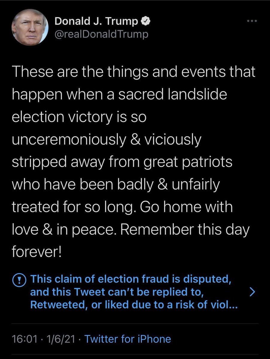 It’s worth pausing to consider the content of Trump’s two material “statements”(tweets, one a video and one text), because it’s pretty clear to me that they’d support a claim of inability to perform the duties of his office. Transcript and screen cap below.