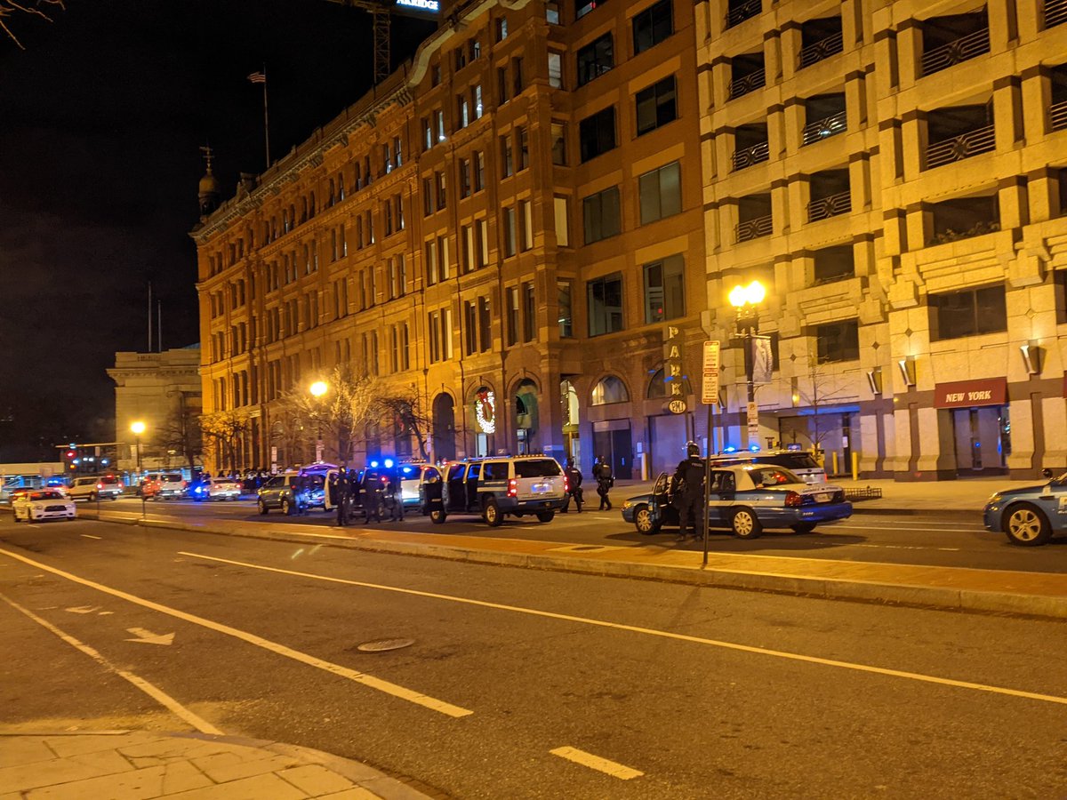 A contingent of Prince William County police are on downtown Washington with riot gear. Streets are quiet.