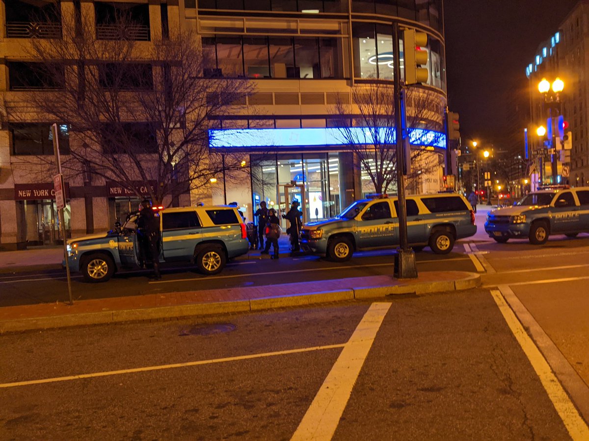 A contingent of Prince William County police are on downtown Washington with riot gear. Streets are quiet.