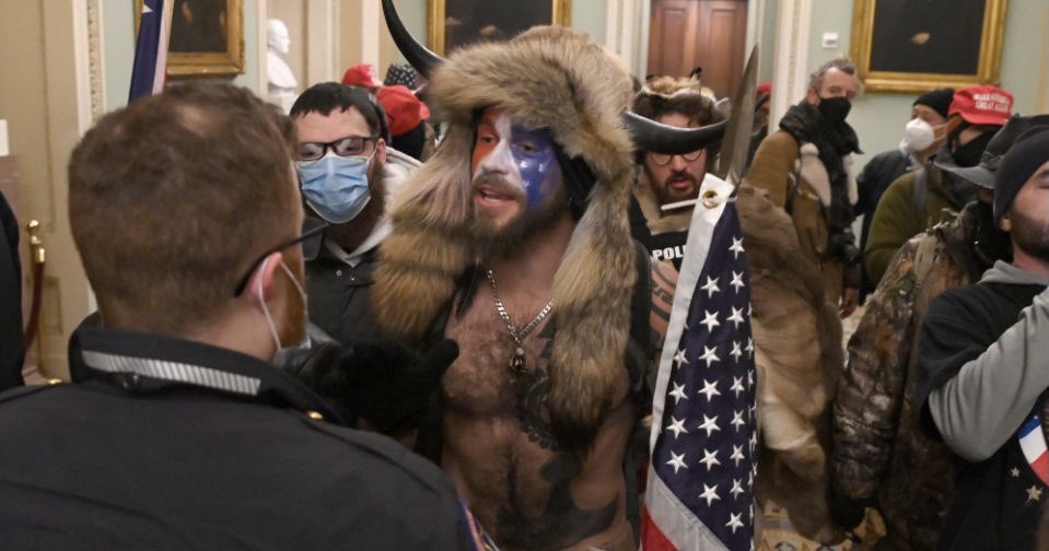 patriottakes's tweet photo. There is a rapidly spreading conspiracy theory that this man, Jake Angelo AKA Horns, is antifa. Here is Gavin McInnes of the Proud Boys explicitly negating that rumor. He is a QAnon MAGA. https://t.co/ndDkKykHiH