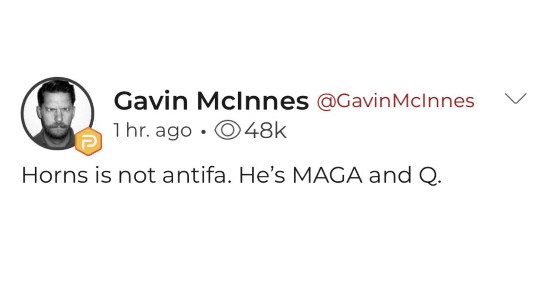 patriottakes's tweet photo. There is a rapidly spreading conspiracy theory that this man, Jake Angelo AKA Horns, is antifa. Here is Gavin McInnes of the Proud Boys explicitly negating that rumor. He is a QAnon MAGA. https://t.co/ndDkKykHiH