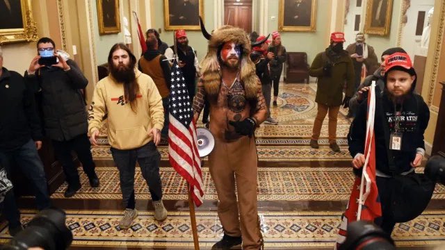patriottakes's tweet photo. There is a rapidly spreading conspiracy theory that this man, Jake Angelo AKA Horns, is antifa. Here is Gavin McInnes of the Proud Boys explicitly negating that rumor. He is a QAnon MAGA. https://t.co/ndDkKykHiH