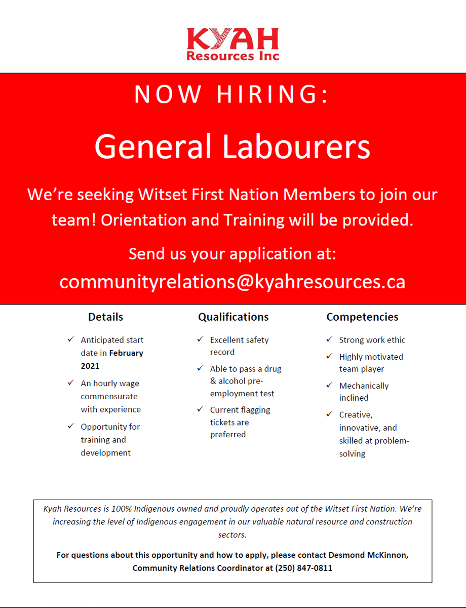KyahResources's tweet photo. Know a Witset First Nation Member who is interested in working in #BCresources? We're Hiring!  #indigenous #jobs https://t.co/0YNVh7pQZV