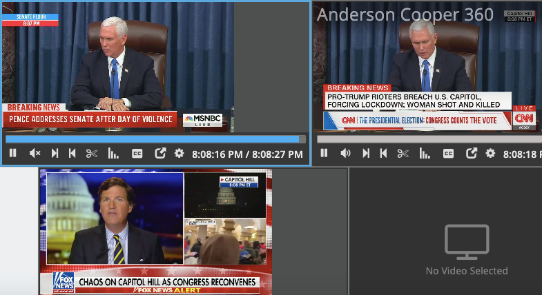 MSNBC: Pence speaking as Senate reconvenes
CNN: Pence speaking as Senate reconvenes
Fox News: Tucker Carlson ranting that Americans think the election was fake