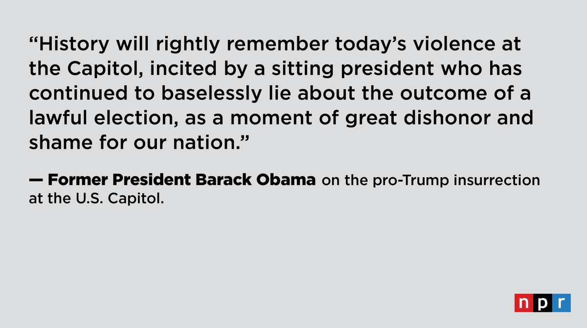 Former President Barack Obama called today's violent pro-Trump insurrection "a moment of great dishonor," adding "but we’d be kidding ourselves if we treated it as a total surprise."

The Latest: trib.al/ubqgLYU