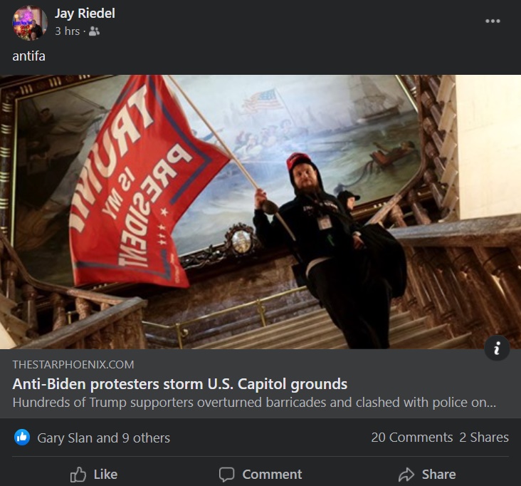 Jay Riedel (who I'll remind readers was elected mayor of Roche Percée, Saskatchewan in October) suffers a bit of whiplash before promoting QAnon conspiracy theories. /14