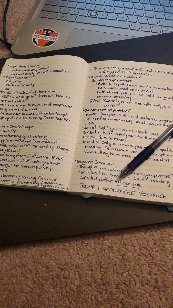 Seven pages of notes from tonight's #democracydialogues with @LarrySabato from @Center4Politics . Thank you all for bringing some clarity to the events of today and our path moving forward. Wahoowa!