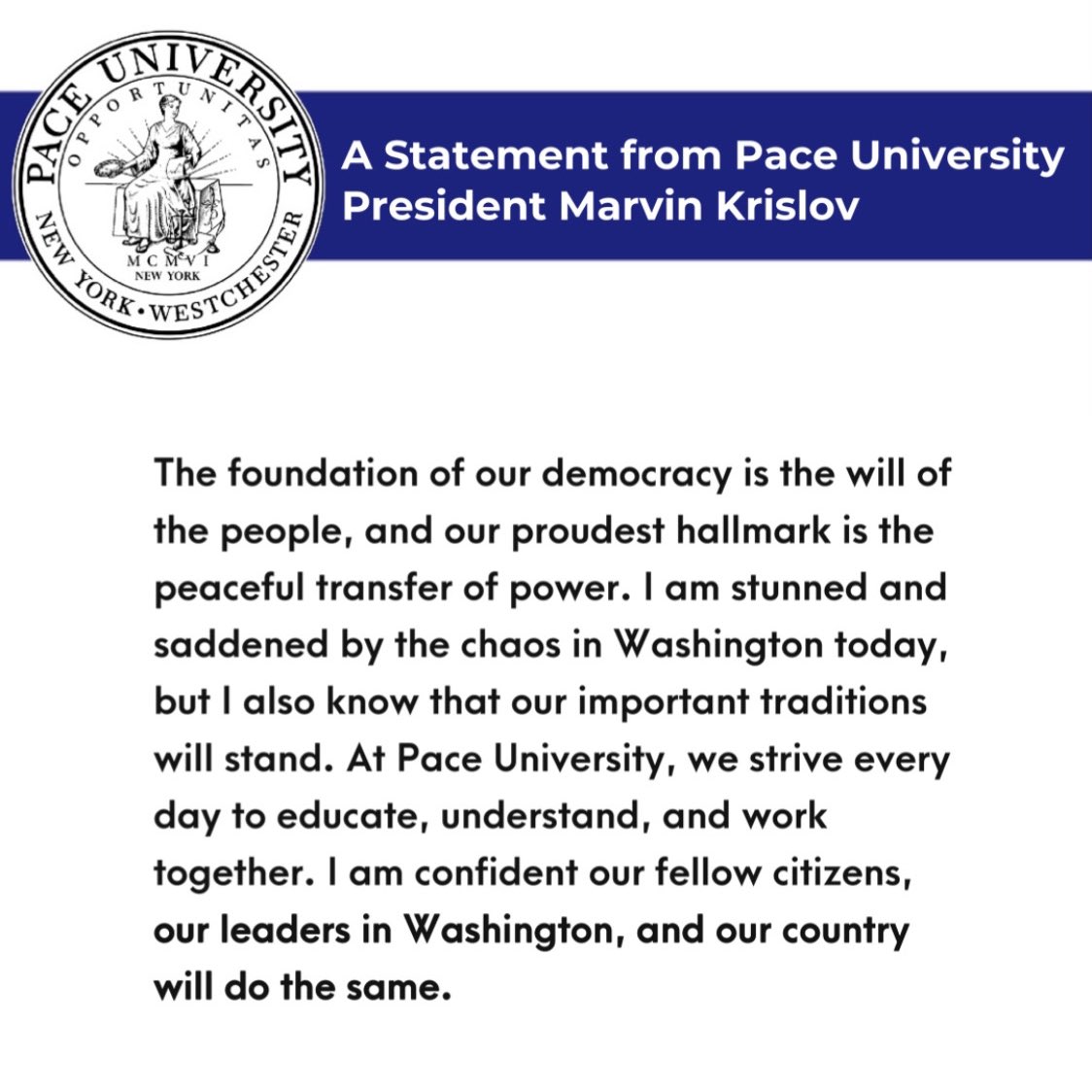 A statement from President Krislov on today’s events in Washington, DC: