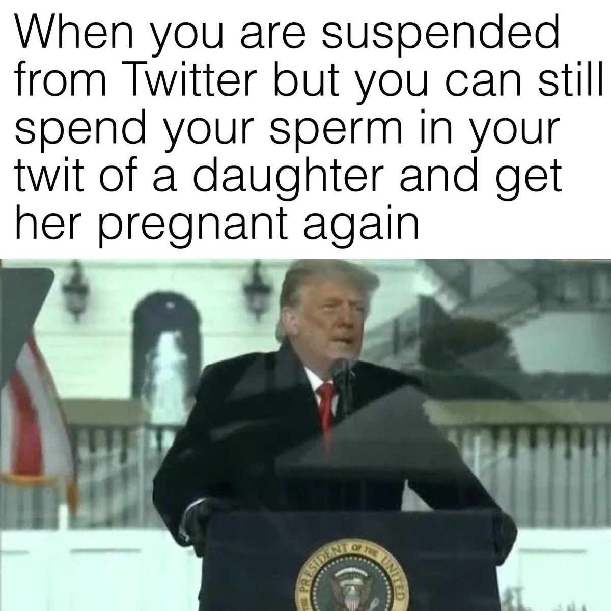 SpicyTrumpMemes's tweet photo. In #Trump2020 news, today @realDonaldTrump addressed the nation from inside a glass box — presumably the same one he’s been throwing stones in for the last four years — but has once again failed to address the overwhelming evidence supporting the #INCESTGATE scandal, for shame! https://t.co/uVwyn8xtGx