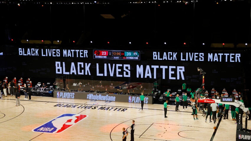 BostonDotCom's tweet photo. Celtics briefly leave the floor prior to game vs. Miami Heat, release statement before tip. https://t.co/SCHXoRPgq8 https://t.co/mlDhBtk56q