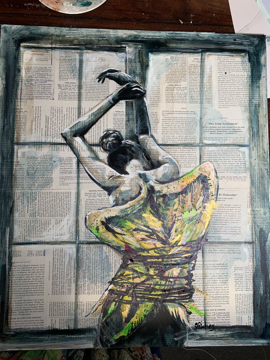 Sara_Riches's tweet photo. She still needs a title .. any thoughts ? She’s painted on gods love book and the daily text .. vintage sheet music wings #exjw https://t.co/xBjLnVJLGg