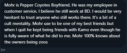 ExposeTheFV's tweet photo. Might as well add this in. Direct allegations from an anonymous-to-me person about Mohr. Given the still-ongoing friendship, it's just fucking telling. https://t.co/V8lAvAuHf0