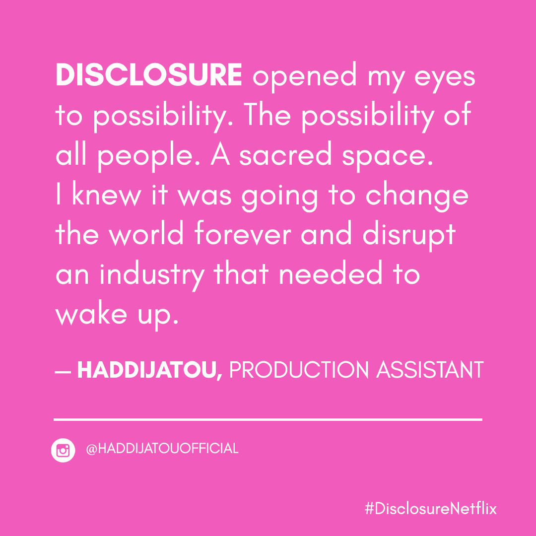 Disclosure_Doc's tweet photo. For our production assistant Haddijatou [@Haddijatouhj], the #DisclosureNetflix set was a place of learning, where mentors exhibited a “willingness with zero hesitation from the rest of the crew, to teach.” #DisclosureBTS https://t.co/vIbGQYKCdz