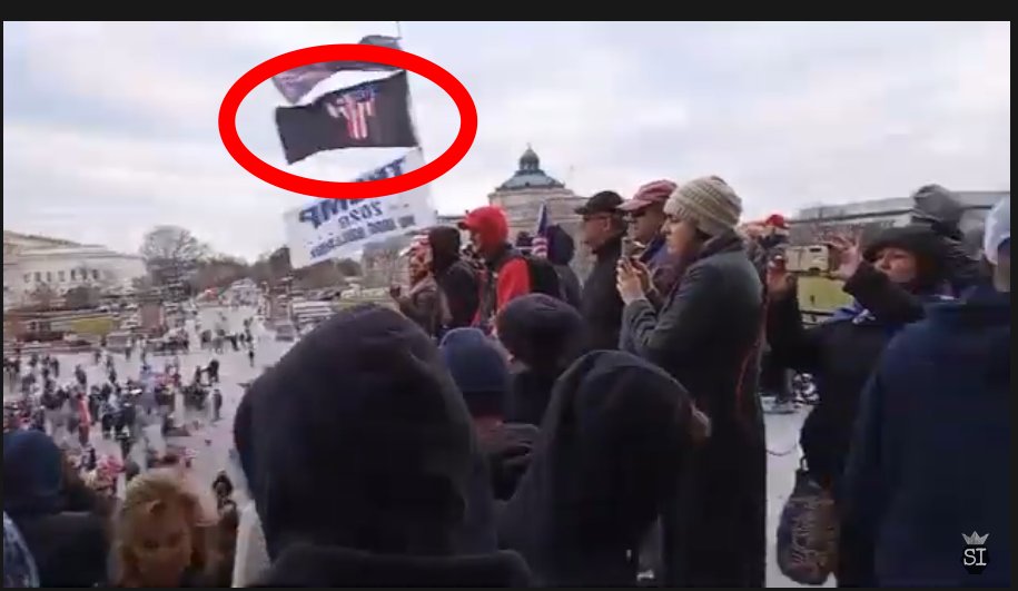 60/ National Guard is reportedly on scene.The Three Percenter flag, the banner of a far-right anti-government movement, is flying over the Capitol building steps.