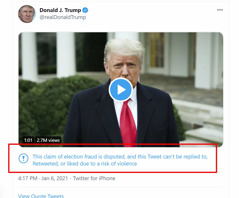 lookner's tweet photo. Twitter is not allowing the video Trump just posted to be retweeted, liked, or replied to "due to a risk of violence" https://t.co/tYBd1nV9eY
