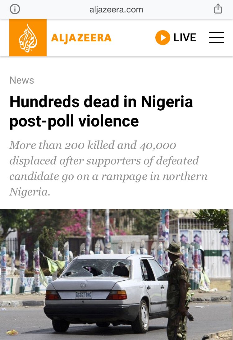 chosensomto's tweet photo. What Trump is doing reminds me of when Buhari lost 2011 election, and his bloodthirsty supporters went on a killing spree for days. Buhari refused to call them to order; he said “people just reacted to the results”.
200 Nigerians lost their lives. https://t.co/rkbuDr8XNy