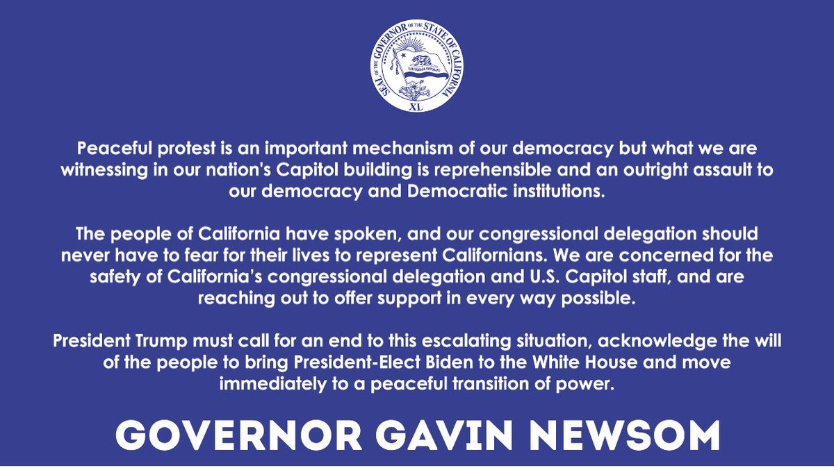 GavinNewsom's tweet photo. What we’re witnessing in the US Capitol is reprehensible. An outright assault to our democratic institutions.

Our hearts are with our Congressional Delegation and the brave public servants that work in our Capitol every day. https://t.co/Qwjry6AhVw