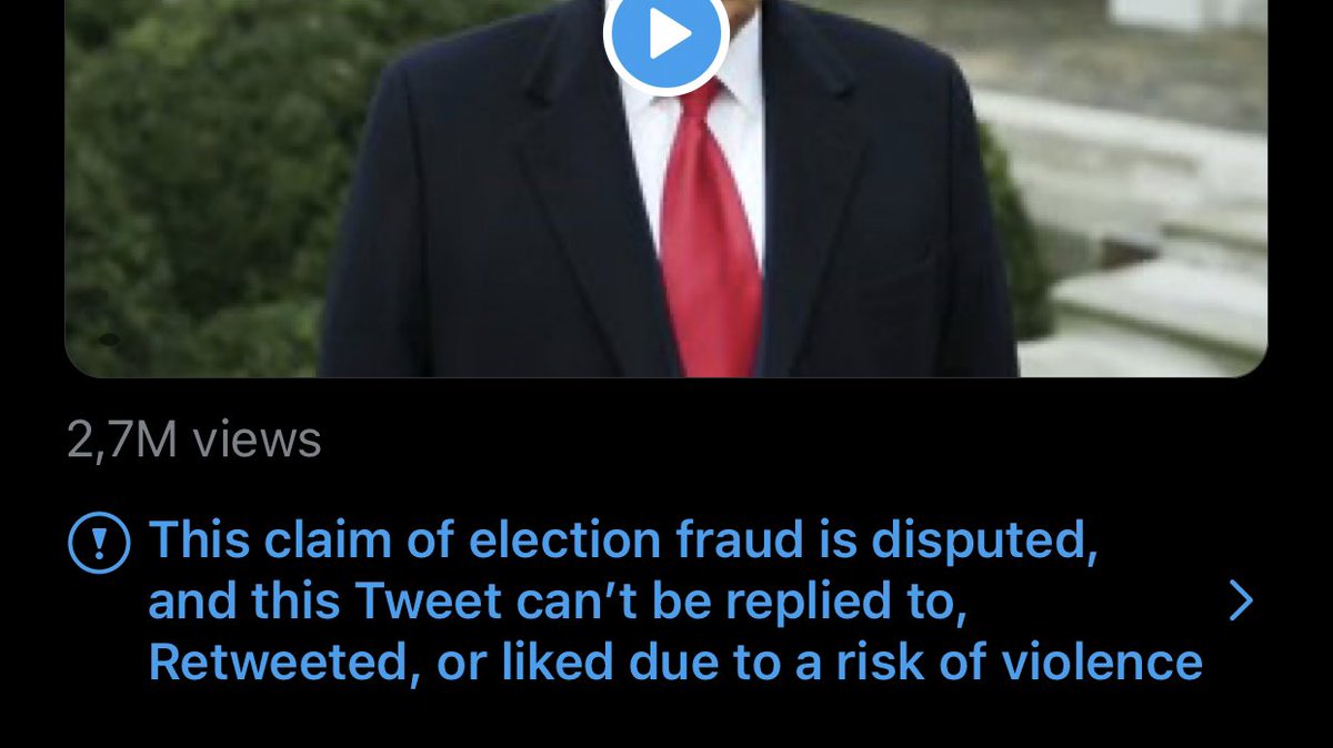 You can’t reply to, retweet or like the latest tweet from the President of Freaking United States “due to a risk of violence”. Absolute insanity.