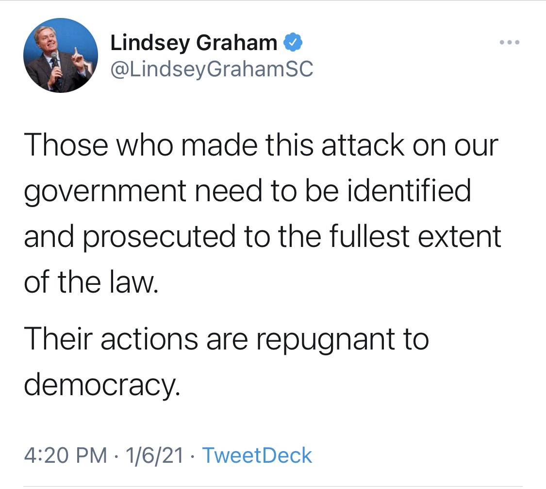 Someone ask  @LindseyGrahamSC what should be done to Trump and his fellow congressional Republicans who encouraged this.  https://twitter.com/lindseygrahamsc/status/1346929733553041409?s=21