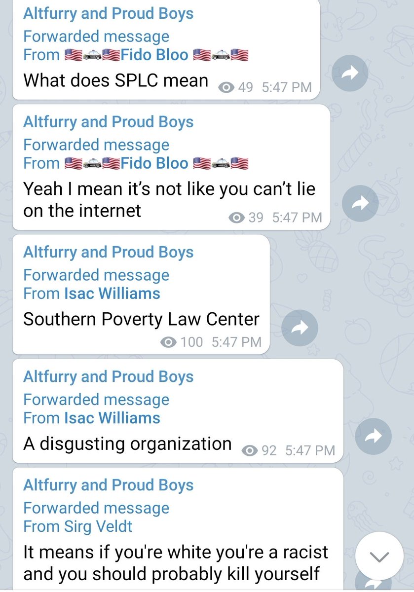Besides troll groups like Milo's or the Furry Raiders, there were other altfurries thirsty to join the Proud Boys for street fighting at furry cons. They're like termites you need to actively watch. This evidence channel has  @fidobloo enabling them too. http://t.me/AltfurryandProudBoys