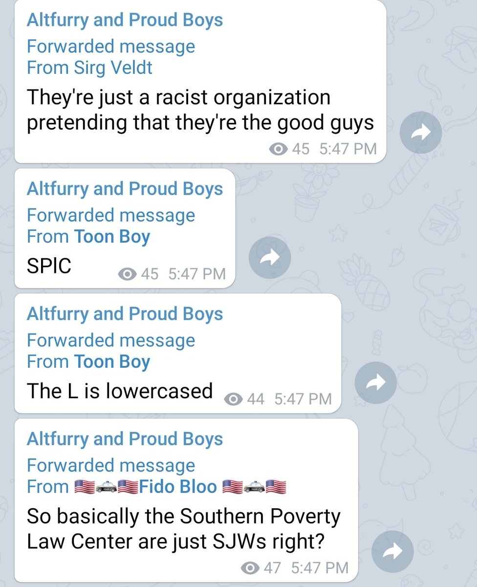 Besides troll groups like Milo's or the Furry Raiders, there were other altfurries thirsty to join the Proud Boys for street fighting at furry cons. They're like termites you need to actively watch. This evidence channel has  @fidobloo enabling them too. http://t.me/AltfurryandProudBoys