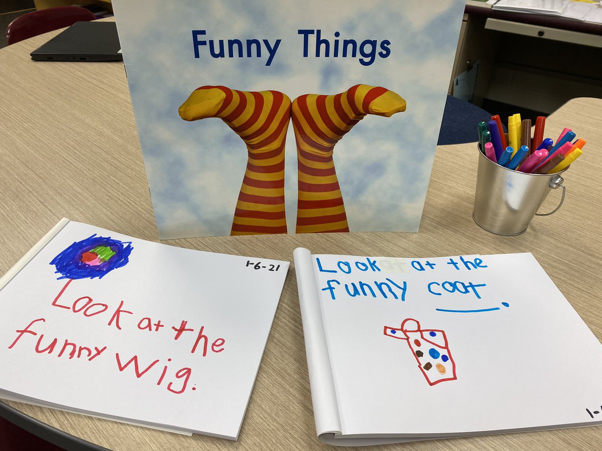 Kindergartners are using all that they know about letters, sounds, and sight words to write about their reading! Look at them go! #growingreaders #geneva304 #Kindergartensuperwriters🦸
