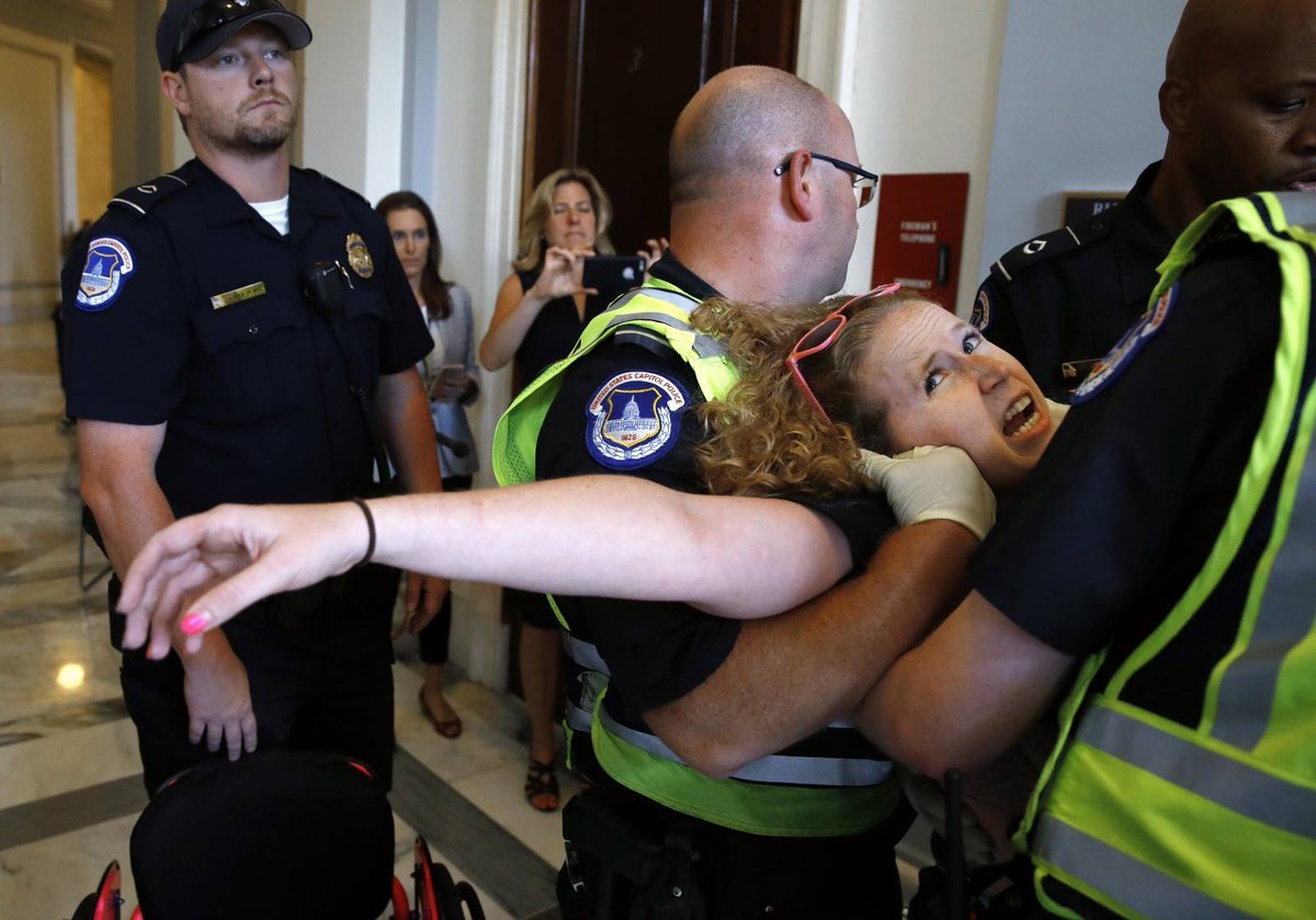 kendallybrown's tweet photo. Disabled activists peacefully asking to not lose their healthcare were treated with more force by Capitol Police than the armed domestic terrorists firing weapons today into congressional chambers. https://t.co/iYrvD5eghe