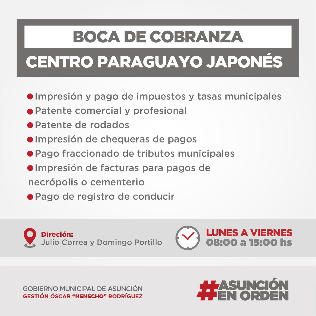 AsuncionMuni's tweet photo. Si estás cerca de CPJ podés realizar todos estos trámites, sin tener que venir hasta la Muni, acercarte y realízalo de manera fácil.
#AsuncionEnOrden https://t.co/msQr9xFNTj