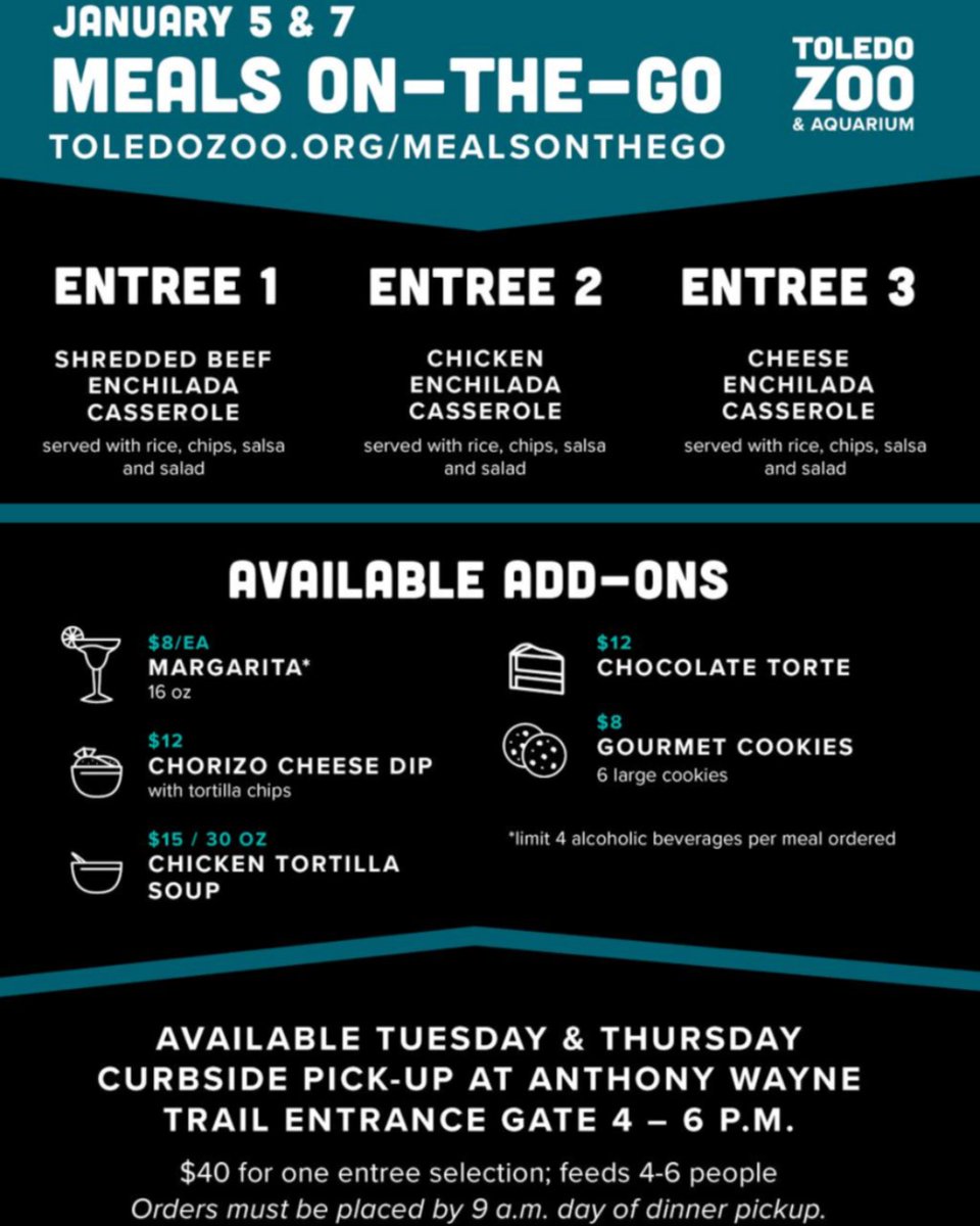 ToledoZoo's tweet photo. New Year, new Meals On-The-Go!🍹🍲🍪

Available Tues &amp; Thurs for curbside pick-up from 4-6pm.

One entree selection is $40 and feeds 4-6 people. Orders must be placed by 9am day of dinner pickup. 

More info: https://t.co/jX1stlL1Ri

#ToledoOhio #ToledoZoo #419eats #DinnerIdeas https://t.co/J7kF9ydxfA