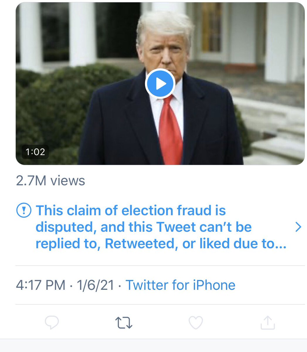 LilingTan's tweet image. Moments after President-elect @JoeBiden tells @realDonaldTrump to “step up” and address the protests, @POTUS posts video remarks only to have Twitter prohibit anyone from liking, replying and retweeting because of his disputed claims of election fraud.