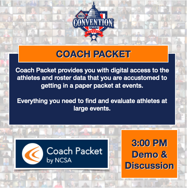 NelsonGord's tweet photo. Tired of carrying around paper?
#CoachPacket by @ncsa is the preferred player tracking tool of some of the top tournament & showcase companies in the country!
Scott Alexander (@NCSACoachA) will conduct a demo at 3:00PM EST Daily! #ABCA2021
Join us: https://t.co/aETdVgVomg https://t.co/Ez7ileoxQW