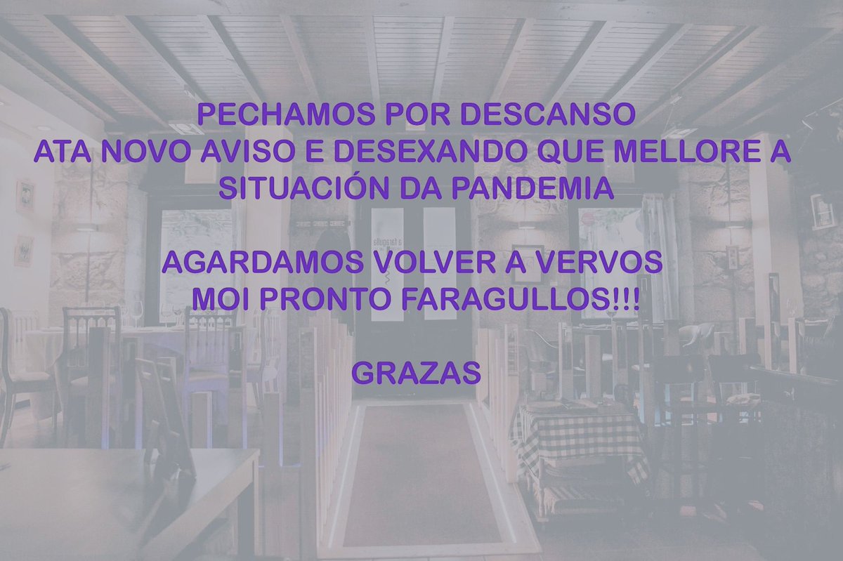 ℹ️ Amiguiños, marchamos uns días de descanso despois deste atípico Nadal🎄
Agardamos que a situación da pandemia🦠e as condicións para a hostalería melloren para volver a acender o lume🔥
Graciñas 🙏🏻 por estar ao noso lado e moito #sentidiño para que esto remate o antes posible.