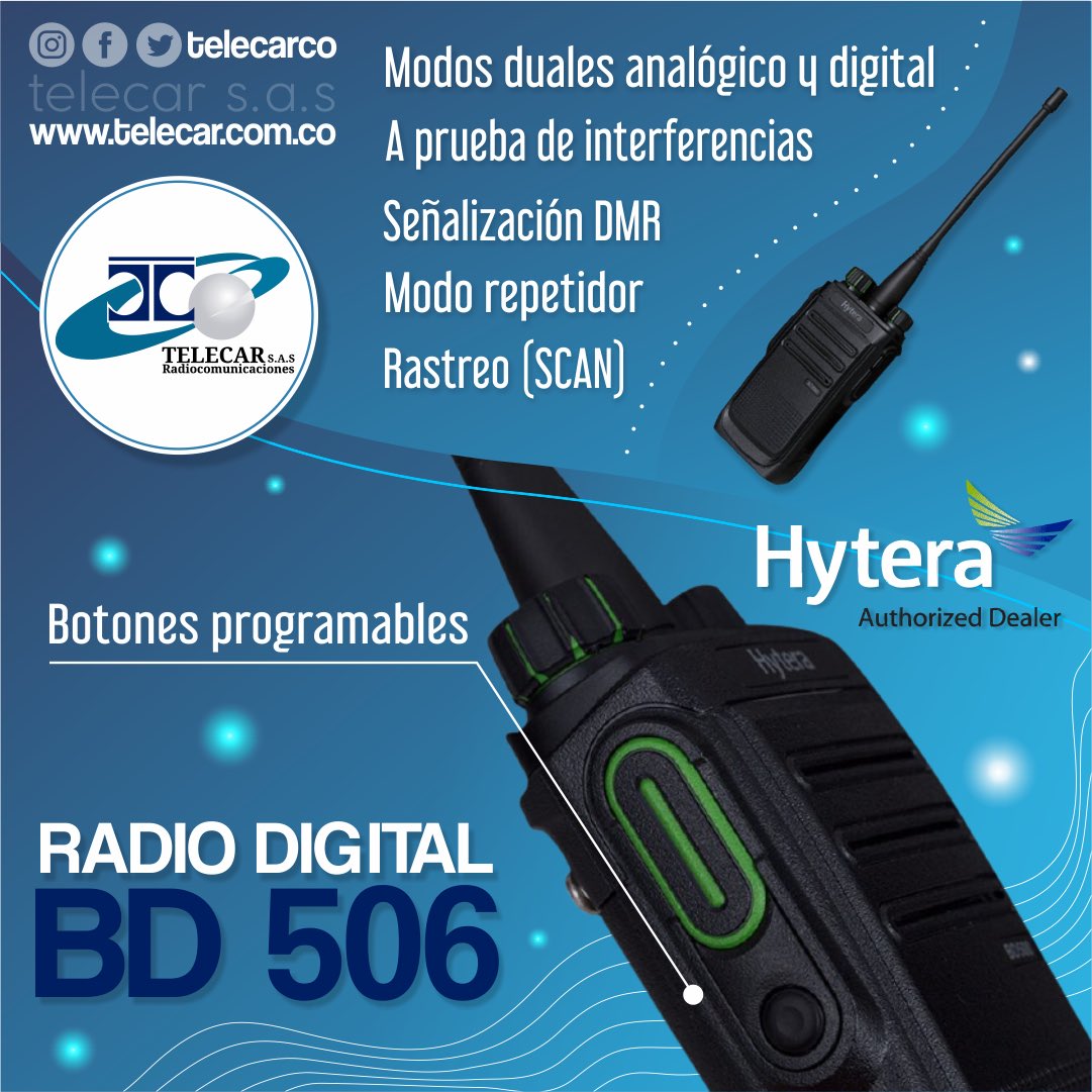 telecarco's tweet photo. El radio de dos vías #BD506 de #Hytera es un dispositivo con un diseño innovador, con gran capacidad de recepción y un excelente rango de comunicación.
#Hytera #Empresarial #RadioComunicaciones #Soluciones #Seguridad #Tecnología #Radiode2vias #Eficiencia #Durabilidad #Digital https://t.co/F3ZpjaHTxV