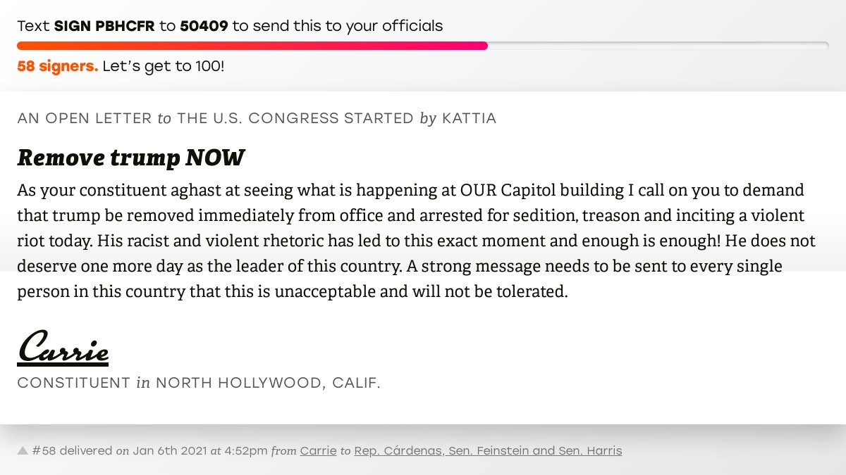 🖋 Sign “Remove trump NOW” and I’ll deliver a copy to your officials: x.com/messages/compo…

📨 No. 58 is from <a href="/carrieninja/">Carrie Grace</a> to <a href="/RepCardenas/">Rep. Tony Cárdenas</a>, <a href="/SenFeinstein/">Senator Dianne Feinstein</a> and @SenKamalaHarris #CA29 #CApolitics #CApol
