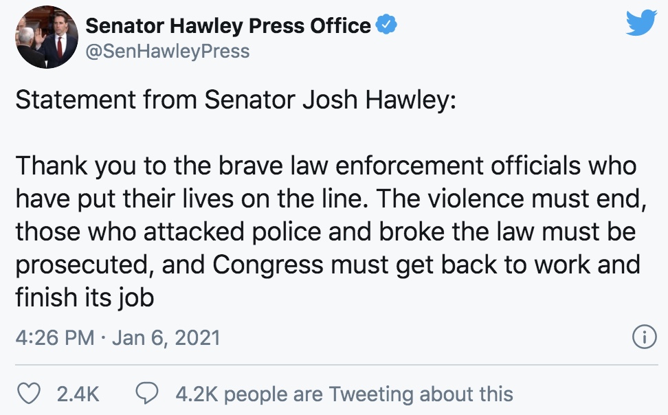 Cnn On Twitter Republican Sen Josh Hawley Who Was One Of The Architects On The Senate Side Challenging The Presidential Election Results Tweets Violence Must End Https T Co R4gjvfp2ev Https T Co Or6qnkqvpc