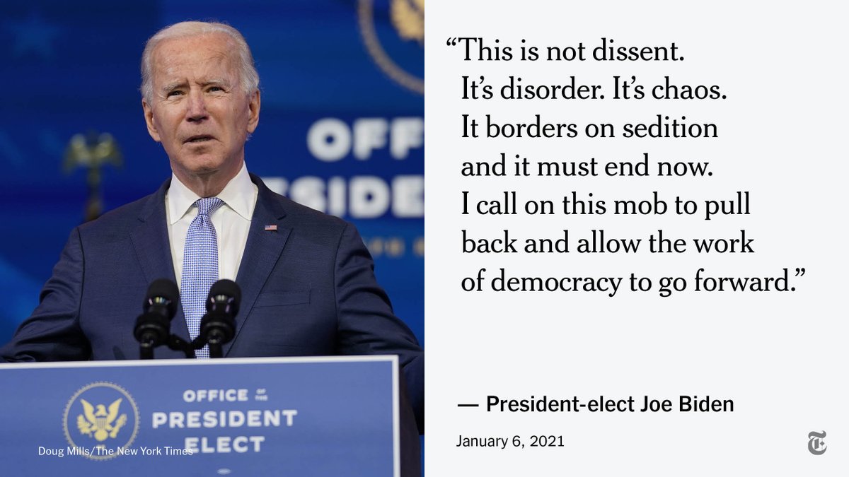 “Our democracy is under an unprecedented assault," President-elect Joe Biden said on Wednesday, as a pro-Trump mob stormed the Capitol. “Today is a reminder, a painful one, that democracy is fragile," Biden added. nyti.ms/35jbFCx