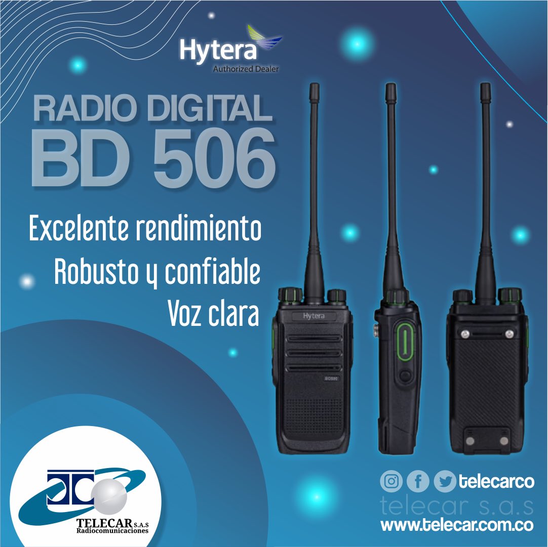 telecarco's tweet photo. El radio de dos vías #BD506 de #Hytera es un dispositivo con un diseño innovador, con gran capacidad de recepción y un excelente rango de comunicación.
#Hytera #Empresarial #RadioComunicaciones #Soluciones #Seguridad #Tecnología #Radiode2vias #Eficiencia #Durabilidad #Digital https://t.co/fuDghkcT7G