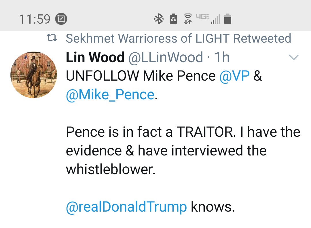 @Avenger2Toxic Lin Wood said Donald Trump knows, that he saw evidence from a whistleblower who was interviewed, that Mike Pence is a traitor.