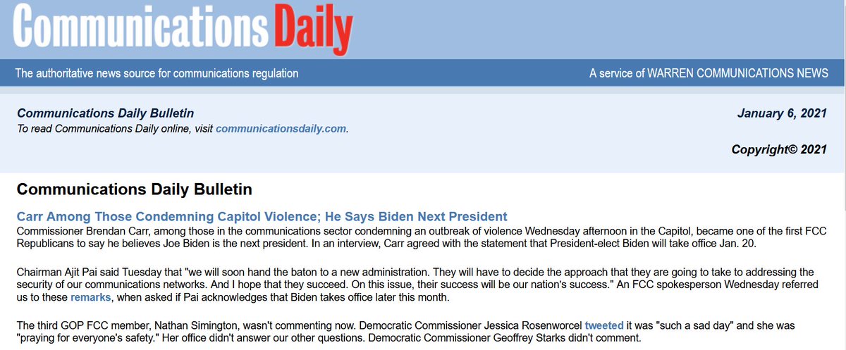 makejdm's tweet image. news re @FCC amid #capitollockdown, from @Comm_Daily colleagues and me. @BrendanCarrFCC agrees @JoeBiden will be sworn in Jan. 20, he tells @MontyTayloe.