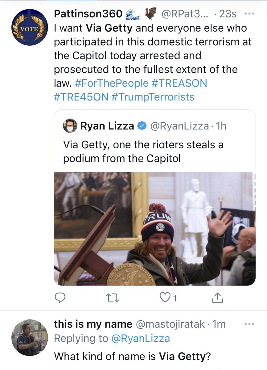 TomMairs's tweet image. A little bit of humour...

Some people on Twitter think “Via Getty” is the name of a protester as opposed to an acknowledgment that Getty Images own the photos showing the protests... 🙈