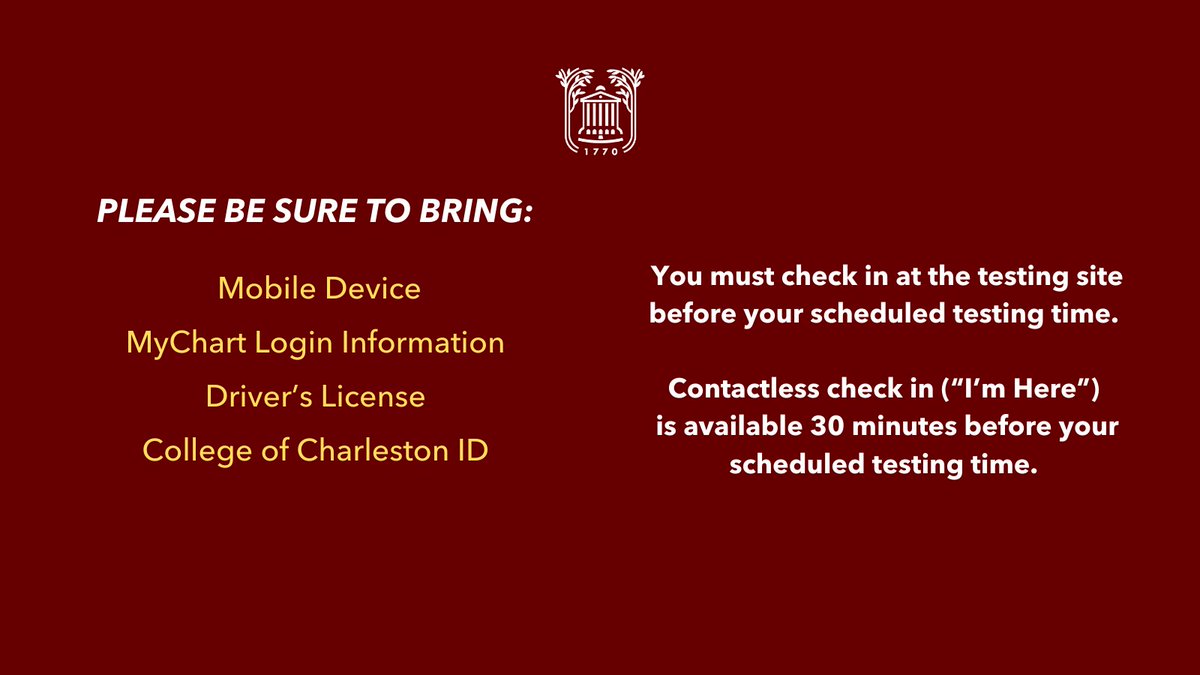 CofC's tweet photo. College of Charleston is offering TWO no-cost COVID-19 testing events:
Pre-Register for this event ➡️ https://t.co/6bBGqrfPA4
👉 Friday, January 8, 2021 ➡️ 10 AM - 4 PM 
👉 Monday, January 11, 2021 ➡️ 10 AM - 4 PM https://t.co/FRDVbum5QO