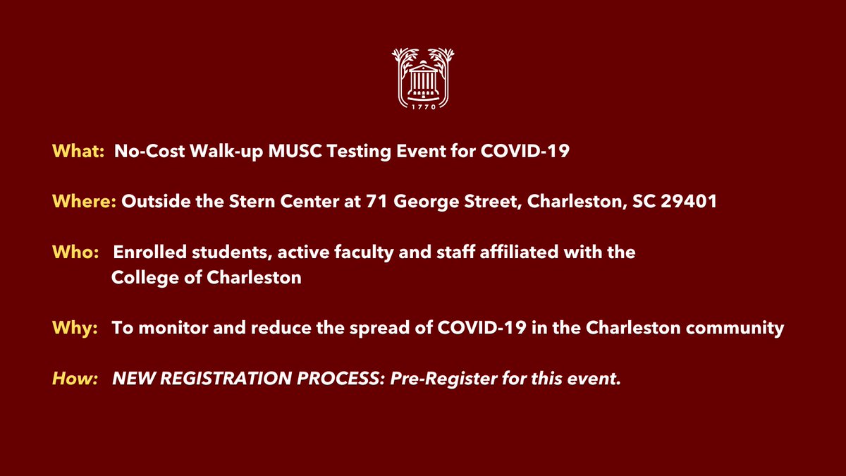 CofC's tweet photo. College of Charleston is offering TWO no-cost COVID-19 testing events:
Pre-Register for this event ➡️ https://t.co/6bBGqrfPA4
👉 Friday, January 8, 2021 ➡️ 10 AM - 4 PM 
👉 Monday, January 11, 2021 ➡️ 10 AM - 4 PM https://t.co/FRDVbum5QO