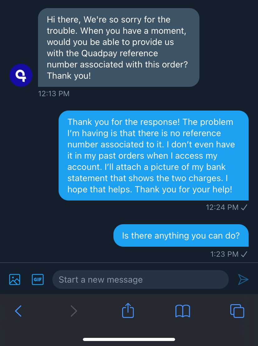 wmatthews323's tweet photo. @ShopQuadpay responds and advises to DM them. I do that and get one response. I respond and then nothing. It’s 5:15pm Eastern right now. What is going on??? https://t.co/kRHKcryCYU