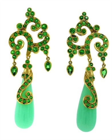 From Paula Crevoshay, the drops are chrysoprase, pretty sure. The curlicues are probably green garnets but they COULD be emeralds, and it's Crevoshay, who I love, so you're stuck. Neener.
