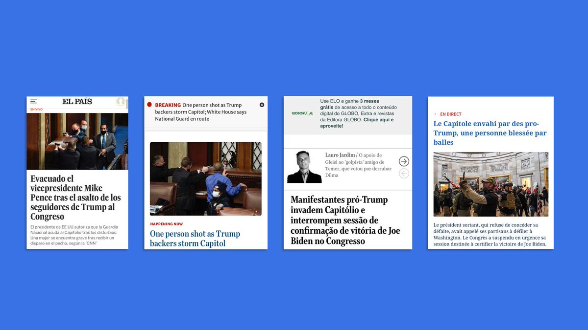 Major news outlets around the world carried news of the demonstrations and mob breach of the Capitol in Washington D.C. today, showing how huge of an impact the disruption of democracy in America has on other places around the world. axios.com/front-pages-ca…