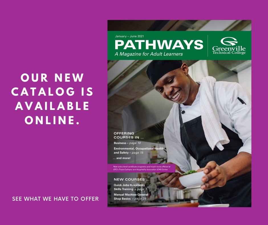 GreenvilleTech's tweet photo. Check out the Economic Development & Corporate Training Division's continuing education courses offered Jan.-June in the new issue of "Pathways" -- now available online! Visit https://t.co/MvDvxO1OPm to view & learn how to register.
#GTCTogether #QuickJobs https://t.co/IEkOQTiuYd