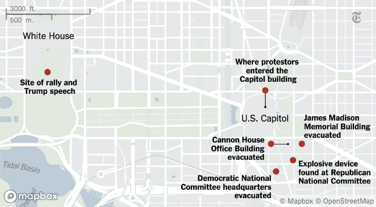 nytimes's tweet photo. The protests that began at one end of Pennsylvania Avenue futilely challenging President-elect Joe Biden's victory led to an unprecedented challenge to the electoral system at the other end, as a pro-Trump mob stormed the Capitol. https://t.co/I50KDQdkZa https://t.co/1OYqHc8z71
