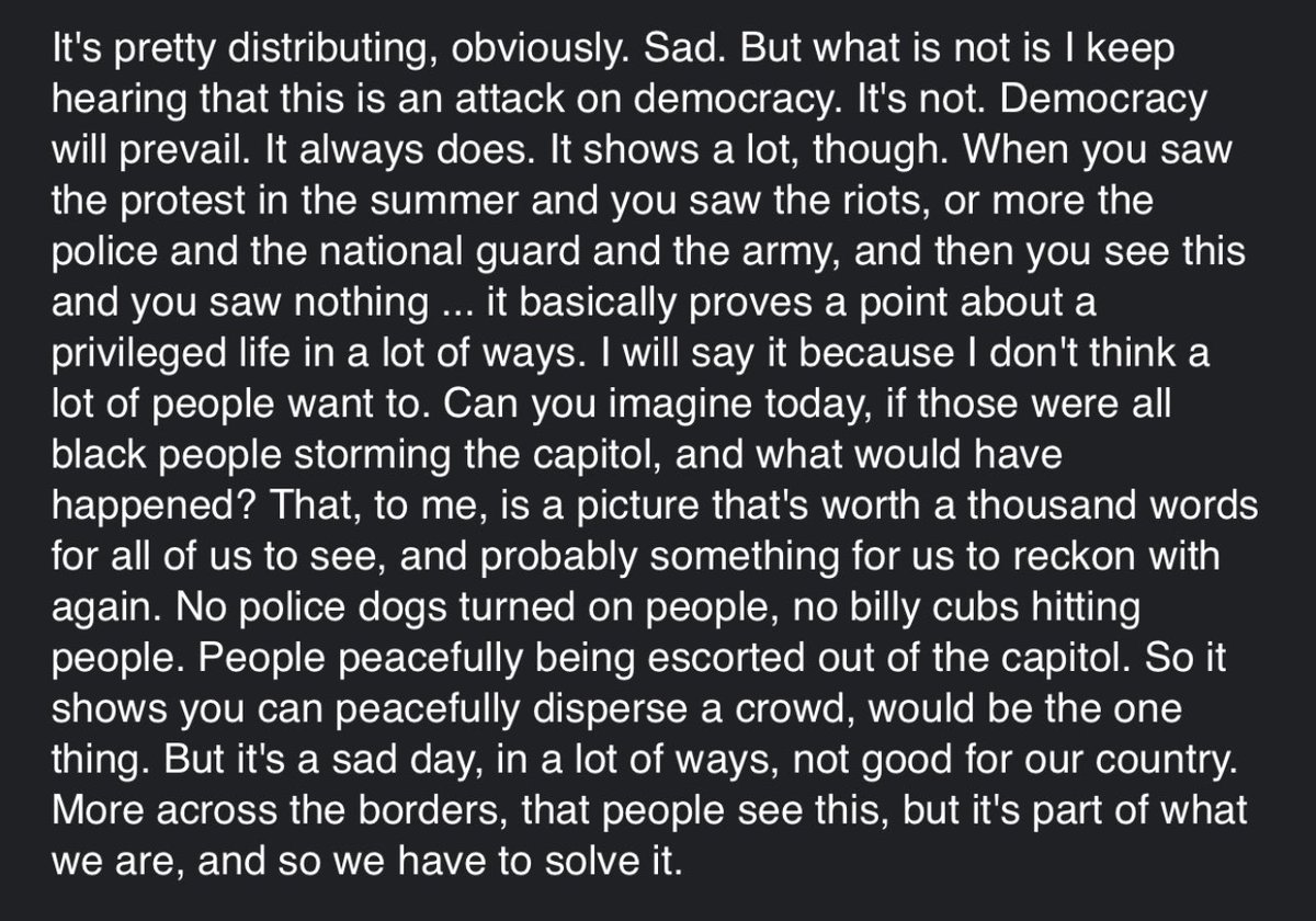 TimBontemps's tweet photo. Doc Rivers on today’s events: “I will say it, because I don’t think a lot of people want to. Can you imagine today, if those were all black people storming the Capitol, and what would have happened? That, to me, is a picture that’s worth a thousand words for all of us to see.” https://t.co/tk9I35Ksgw